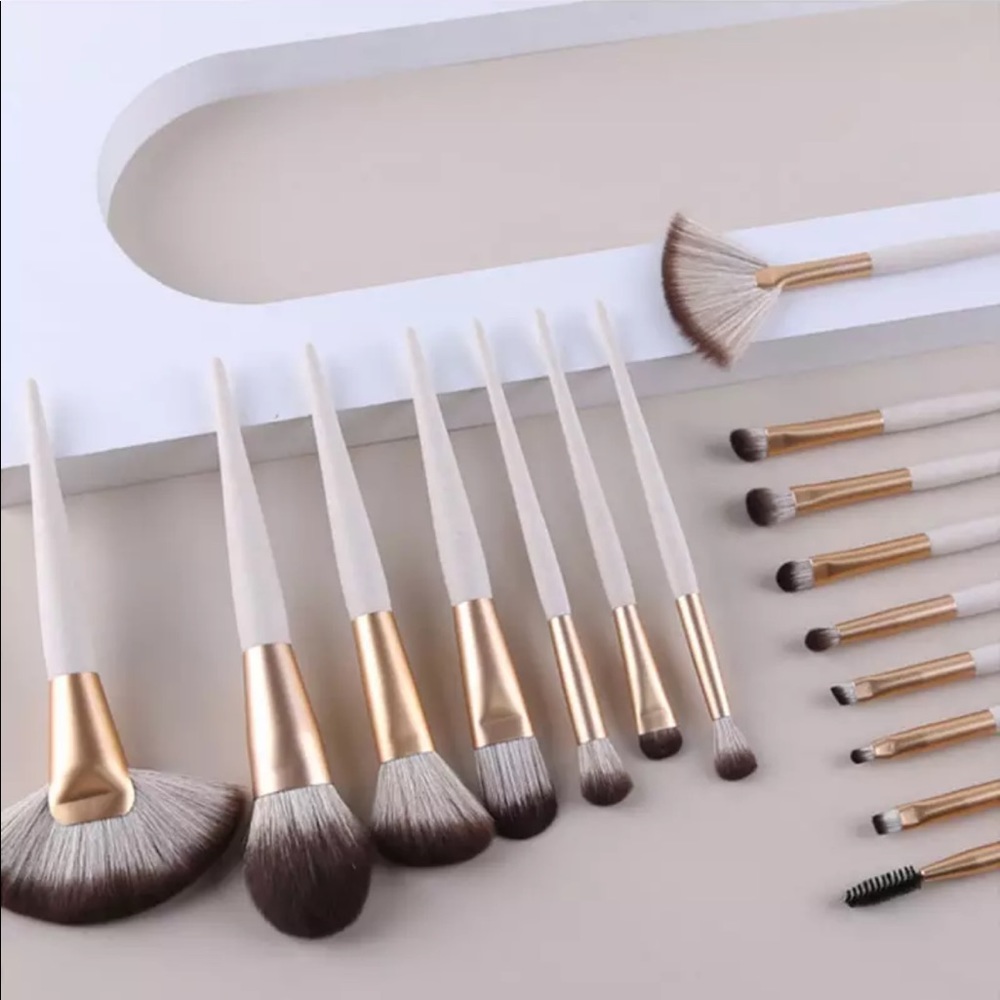 Gold and taupe badger face and eye makeup brush 16 piece set
